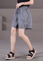 Plus Size Solid Black Elastic Waist Drawstring Pockets Linen Wide Leg Shorts Summer