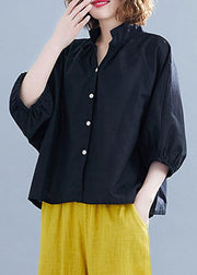 Plus Size Solid Black Stand Collar Button Cotton Shirt Half Sleeve