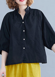 Plus Size Solid Black Stand Collar Button Cotton Shirt Half Sleeve