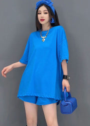 Plus Size Solid Blue O-Neck Backless Cotton Tanks und Shorts Zweiteiliges Set Summer