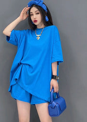 Plus Size Solid Blue O-Neck Backless Cotton Tanks und Shorts Zweiteiliges Set Summer