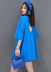 Plus Size Solid Blue O-Neck Backless Cotton Tanks And Shorts Two-Piece Set Summer