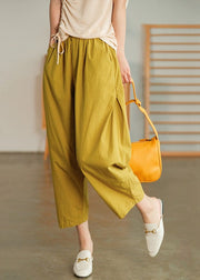 Plus Size Solid Yellow Elastische Taille Faltentaschen Leinen Crop Pants Summer