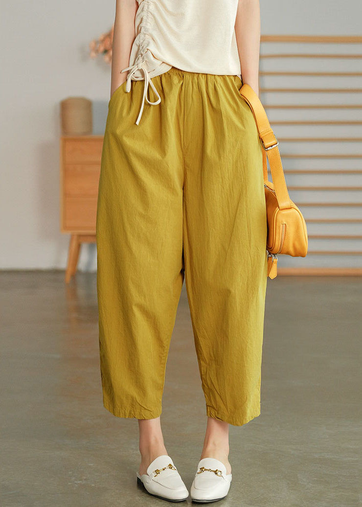 Plus Size Solid Yellow Elastische Taille Faltentaschen Leinen Crop Pants Summer