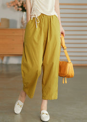 Plus Size Solid Yellow Elastic Waist Wrinkled Pockets Linen Crop Pants Summer