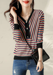 Plus Size V Neck Striped Patchwork Shirt Spring