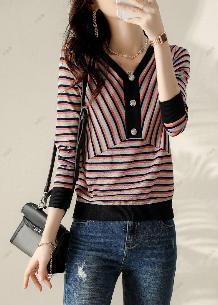 Plus Size V Neck Striped Patchwork Shirt Spring