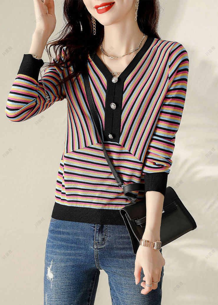 Plus Size V Neck Striped Patchwork Shirt Spring