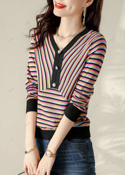 Plus Size V Neck Striped Patchwork Shirt Spring