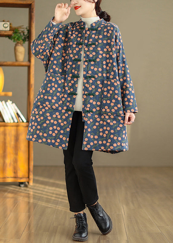 Plus Size Vintage Print Pockets Chinese Button Fine Cotton Filled Coat Winter