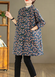 Plus Size Vintage Print Pockets Chinese Button Fine Cotton Filled Coat Winter