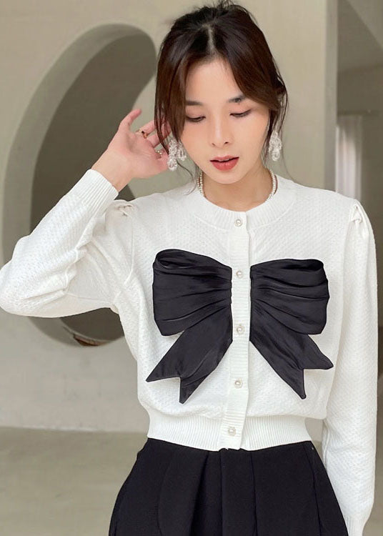 Plus Size White Button Bow Knit Shirt Tops Frühling