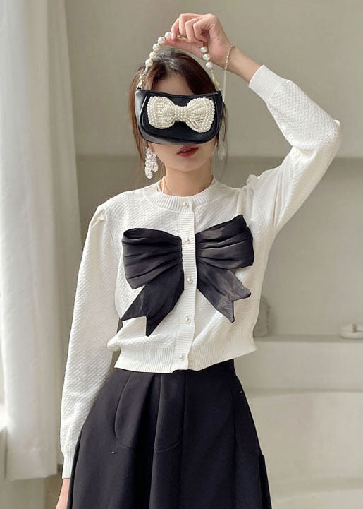 Plus Size White Button Bow Knit Shirt Tops Spring