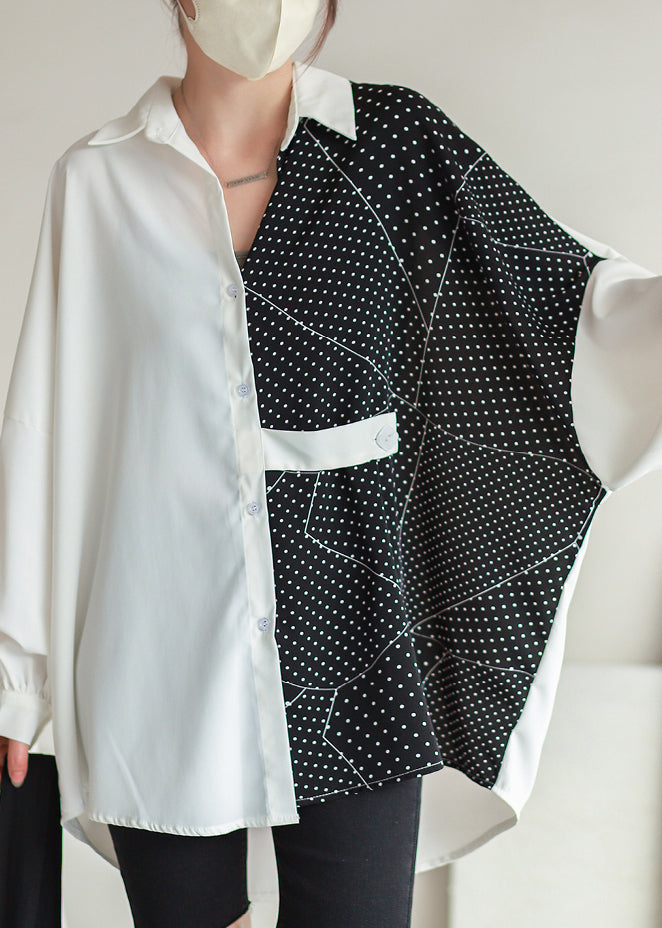 Plus Size White Dot Asymmetrical Button Chiffon Shirt Batwing Sleeve