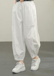 Plus Size White Elastic Waist Cargo Cotton Pants Summer - bagstylebliss