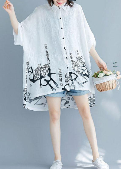 Plus Size White Graphic Peter Pan Collar Cotton Tops Summer - bagstylebliss