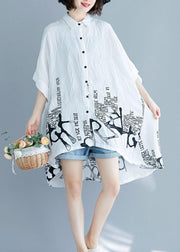 Plus Size White Graphic Peter Pan Collar Cotton Tops Summer - bagstylebliss