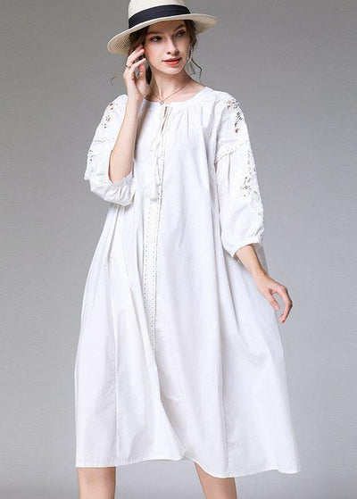 Plus Size White Loose O-Neck A Line Spring Maxi Dress Three Quarter Sleeve - bagstylebliss