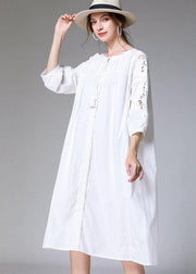 Plus Size White Loose O-Neck A Line Spring Maxi Dress Three Quarter Sleeve - bagstylebliss