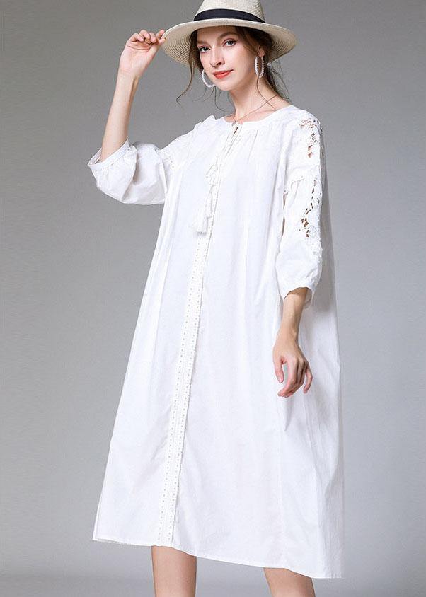 Plus Size White Loose O-Neck A Line Spring Maxi Dress Three Quarter Sleeve - bagstylebliss