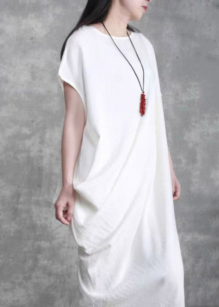 Plus Size White O-Neck Asymmetrical Wrinkled Linen Dress Short Sleeve