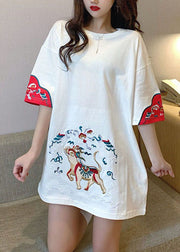 Plus Size White O-Neck Embroideried Tanks Short Sleeve