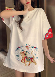 Plus Size White O-Neck Embroideried Tanks Short Sleeve