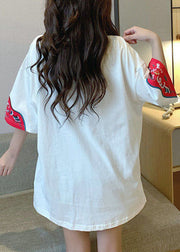 Plus Size White O-Neck Embroideried Tanks Short Sleeve