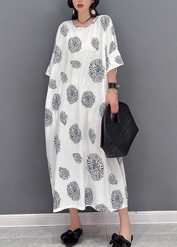 Plus Size White O-Neck Print Long Dress Half Sleeve