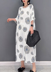 Plus Size White O-Neck Print Long Dress Half Sleeve