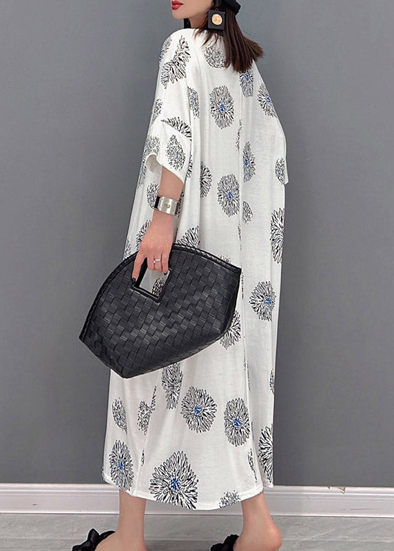 Plus Size White O-Neck Print Long Dress Half Sleeve