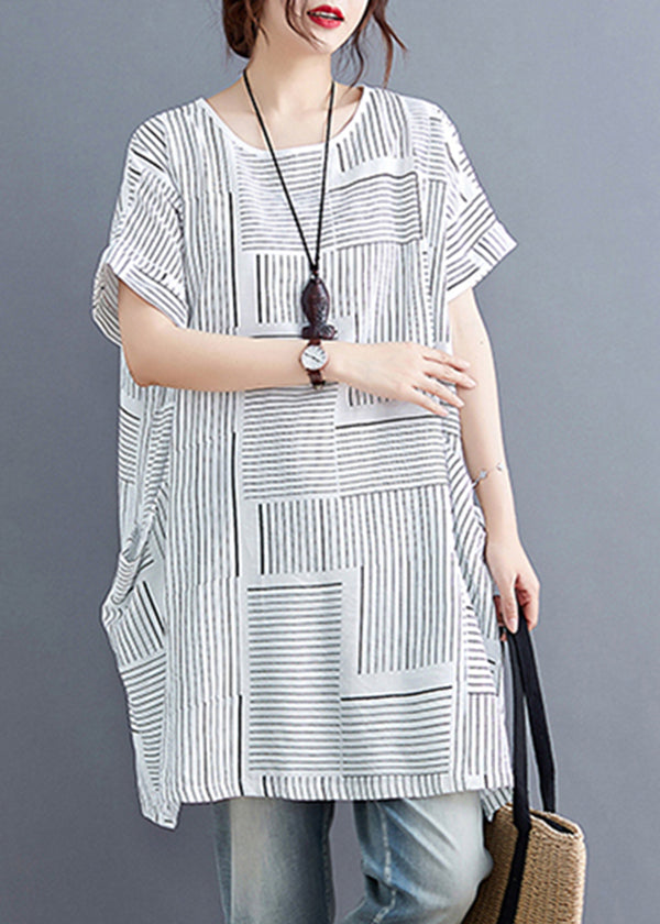 Plus Size White O-Neck Striped Linen Tank Tops Short Sleeve