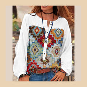 Plus Size Blue O-Neck button Print Top Long Sleeve