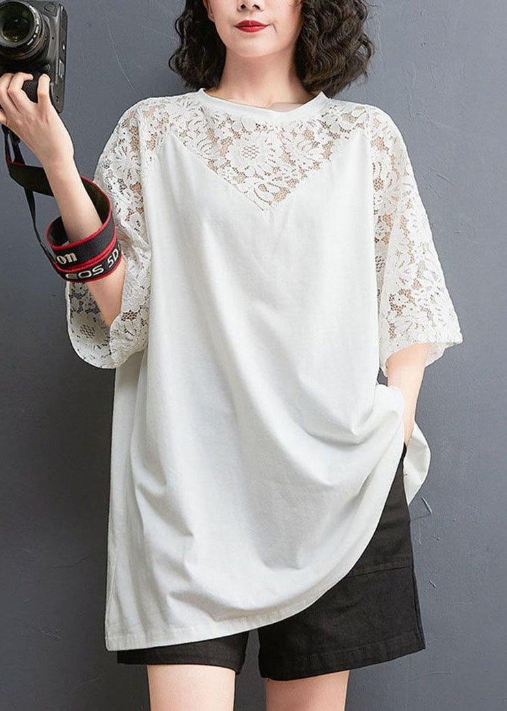 Plus Size White Patchwork Lace O-Neck Cotton Tee Summer - bagstylebliss