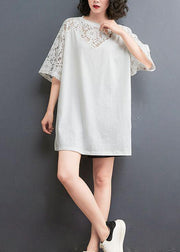 Plus Size White Patchwork Lace O-Neck Cotton Tee Summer - bagstylebliss