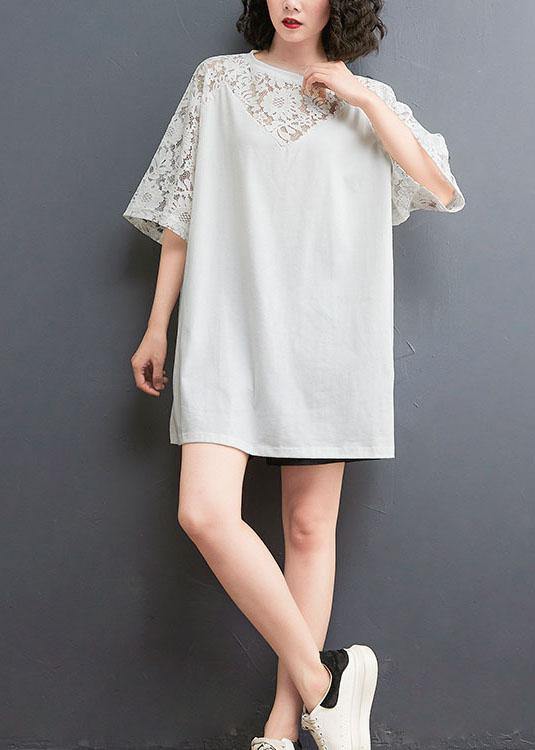 Plus Size White Patchwork Lace O-Neck Cotton Tee Summer - bagstylebliss