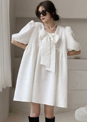 Plus Size White Ruffled Bow Patchwork Cotton Vacation Dress Spring