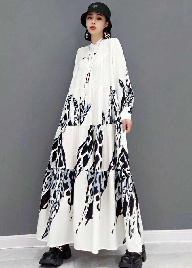 Plus Size White Stand Collar Print Pleated Long Dresses Long Sleeve