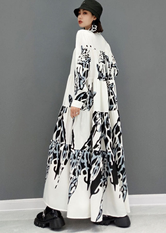 Plus Size White Stand Collar Print Pleated Long Dresses Long Sleeve