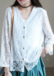 Plus Size White V Neck Cotton UPF 50+ Cardigans Long Sleeve