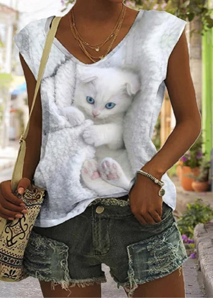 Plus Size White V Neck Little Rabbit Print Vest Summer