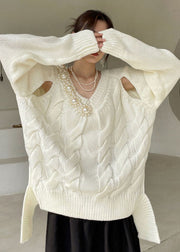 Plus Size White V Neck thick Knit Sweaters Winter