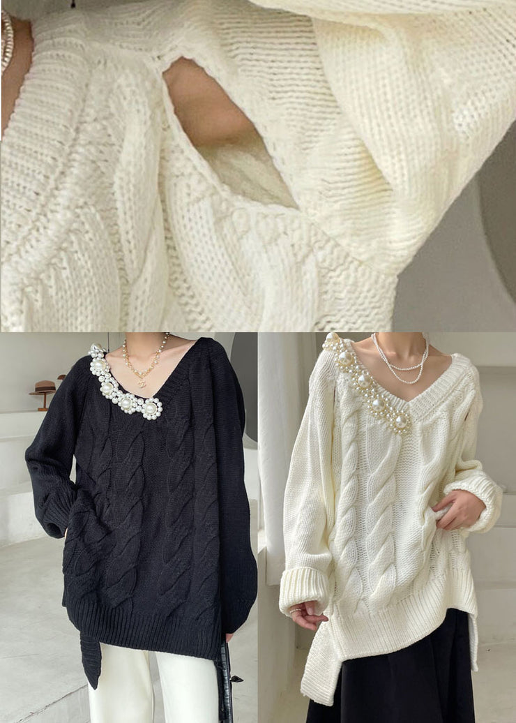 Plus Size White V Neck thick Knit Sweaters Winter