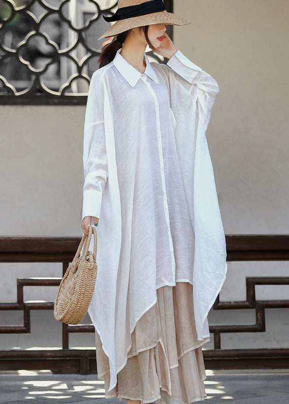 Plus Size White asymmetrical design Peter Pan Collar Linen Long Shirt Long Sleeve