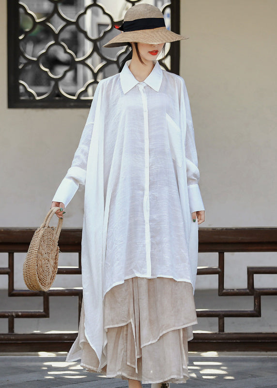 Plus Size White asymmetrical design Peter Pan Collar Linen Long Shirt Long Sleeve