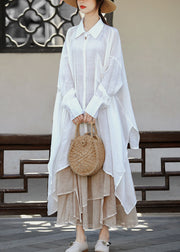 Plus Size White asymmetrical design Peter Pan Collar Linen Long Shirt Long Sleeve