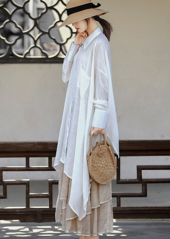 Plus Size White asymmetrical design Peter Pan Collar Linen Long Shirt Long Sleeve