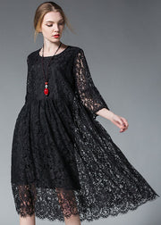 Plus Size Women Black Hollow Out Lace Dress Spring