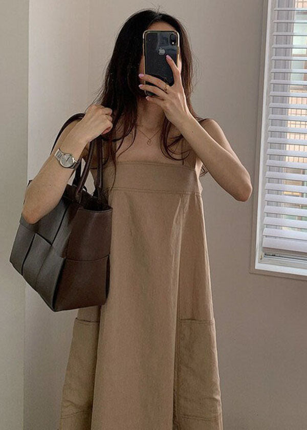 Plus Size Women Khaki Pockets Linen Dresses Sleeveless