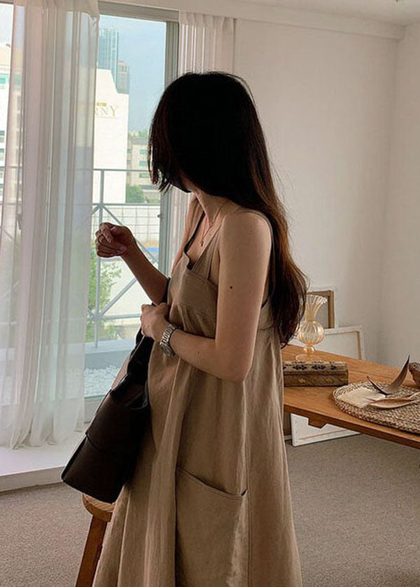 Plus Size Women Khaki Pockets Linen Dresses Sleeveless